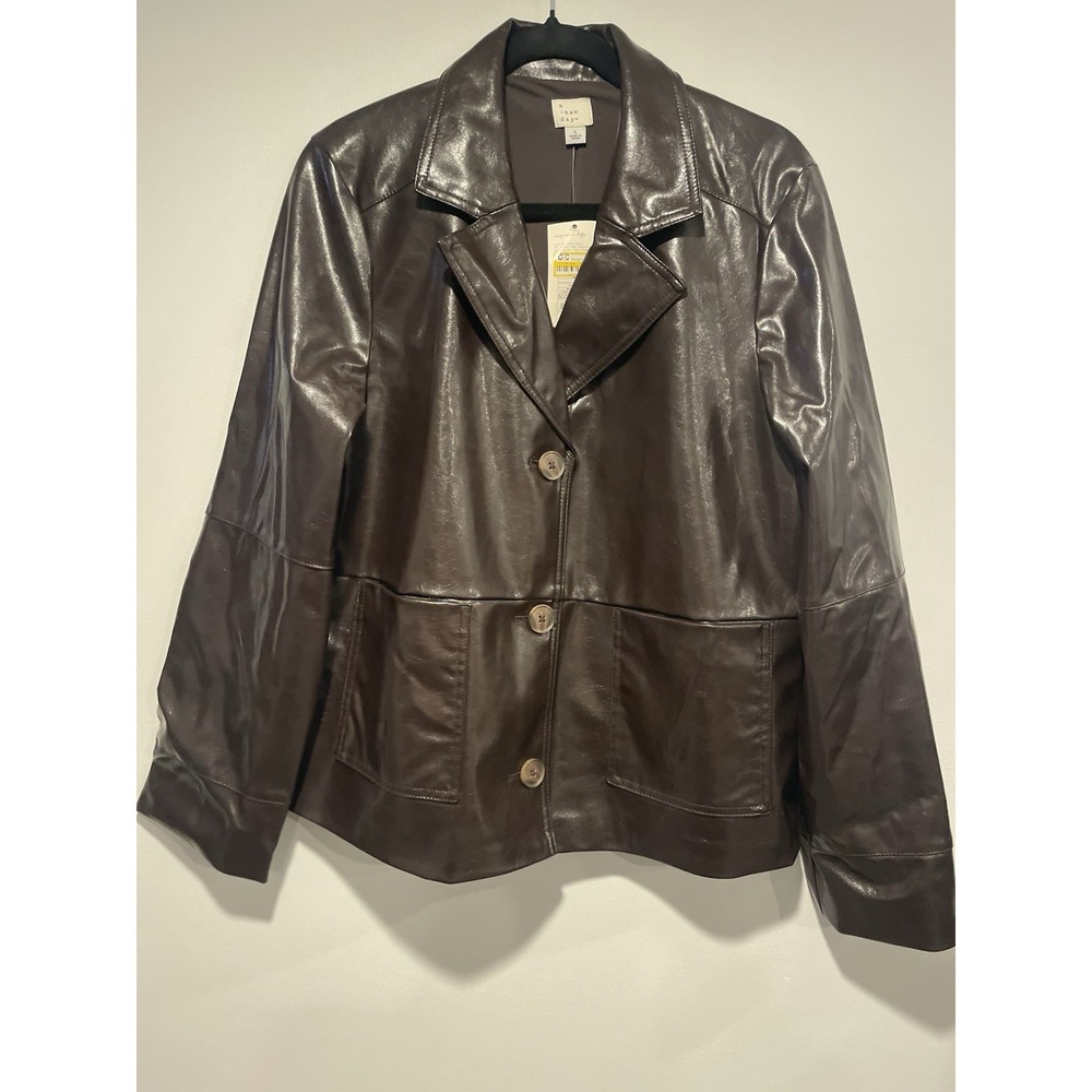 A New Day Faux Leather Jacket Brown Womens Size Large Blazer Coat Lightweight